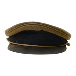 Bates service cap with hand written poem inside, together with Officer's Sam Browne brown leather belt, pistol holder and sword frog
