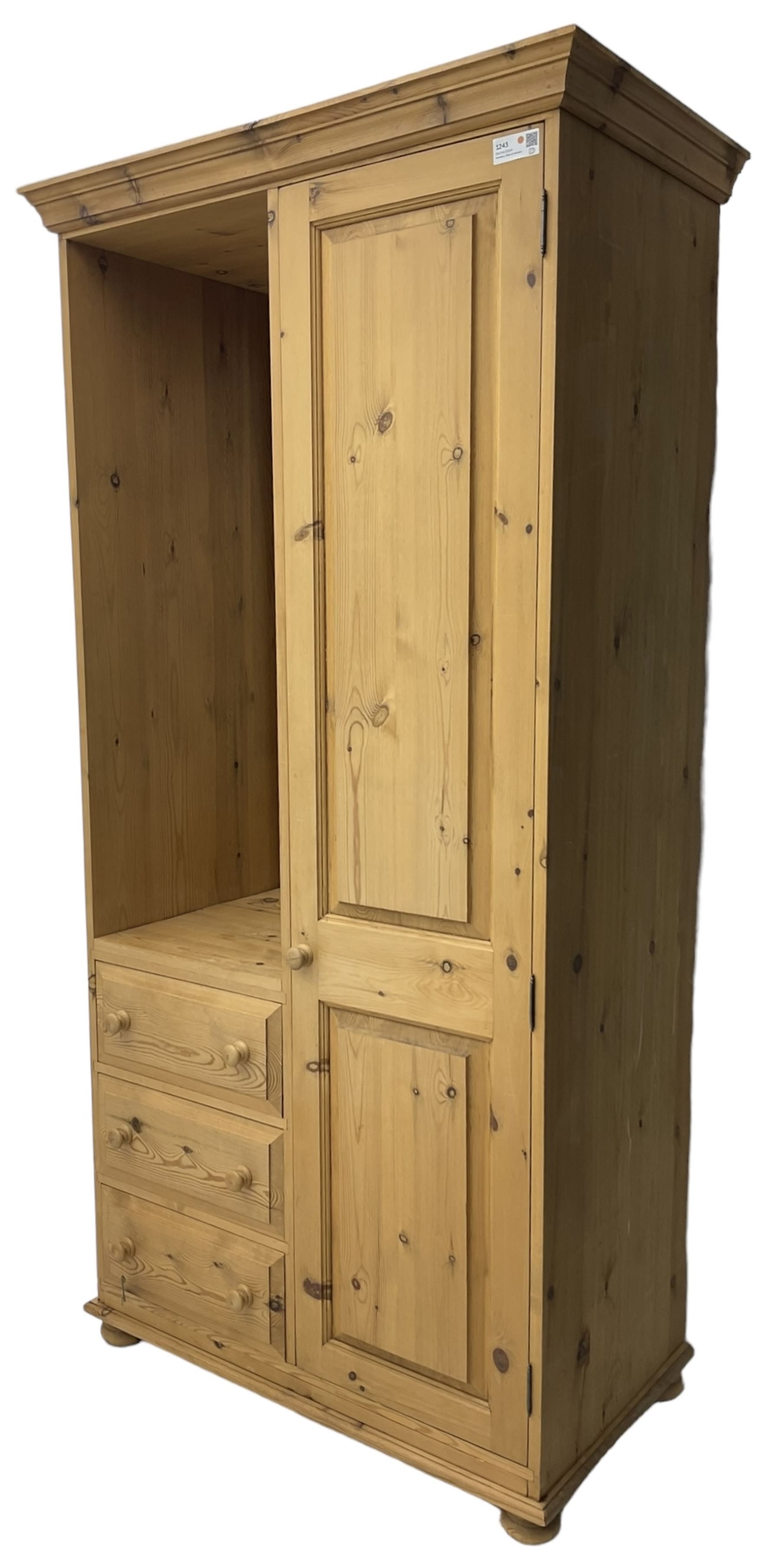 Traditional pine combination wardrobe, recessed cupboard with mirror back, fitted with single cupboard and three drawers