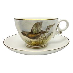 Royal Worcester large novelty cup and saucer painted with decorated with a grouse taking flight in a landscape by James Stinton, with printed mark beneath, H10cm 
