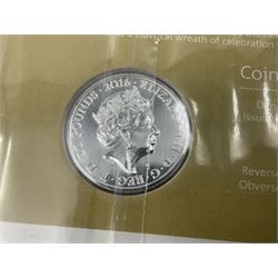 Three The Royal Mint United Kingdom fine silver twenty pound coins, comprising 2014 'Outbreak', 2015 'The Longest Reigning Monarch', 2016 'The 90th Birthday of Her Majesty the Queen', all on cards