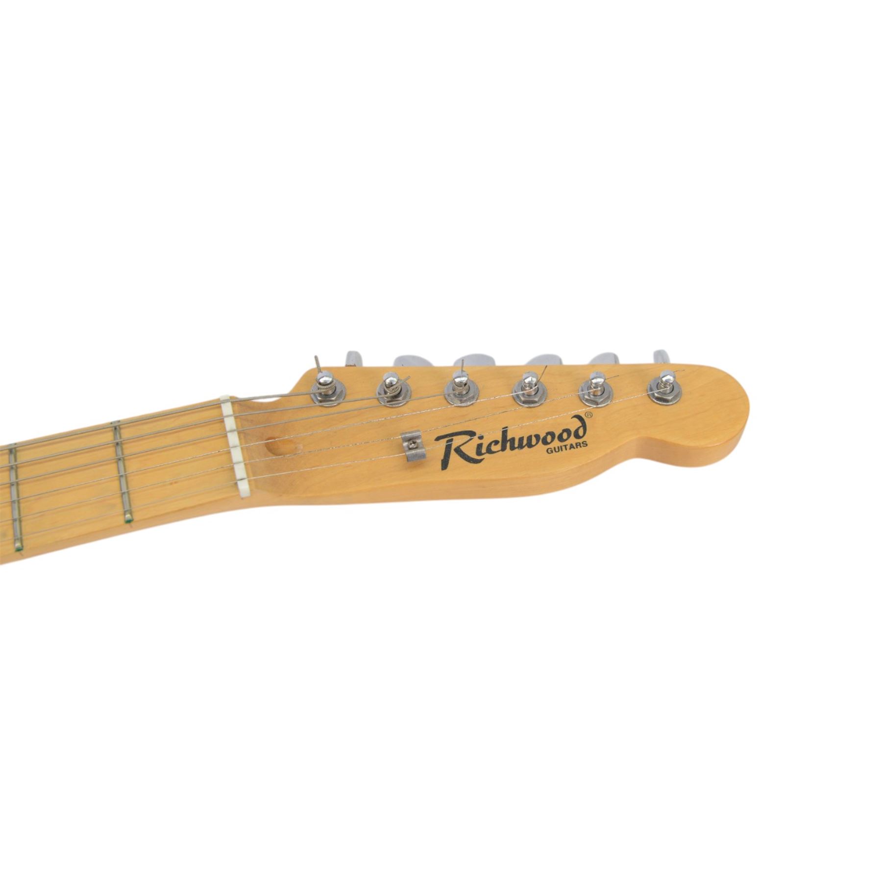 Two Richwood electric guitars, comprising Stratocaster style with cream body and Telecaster style with red metallic finish, L99cm