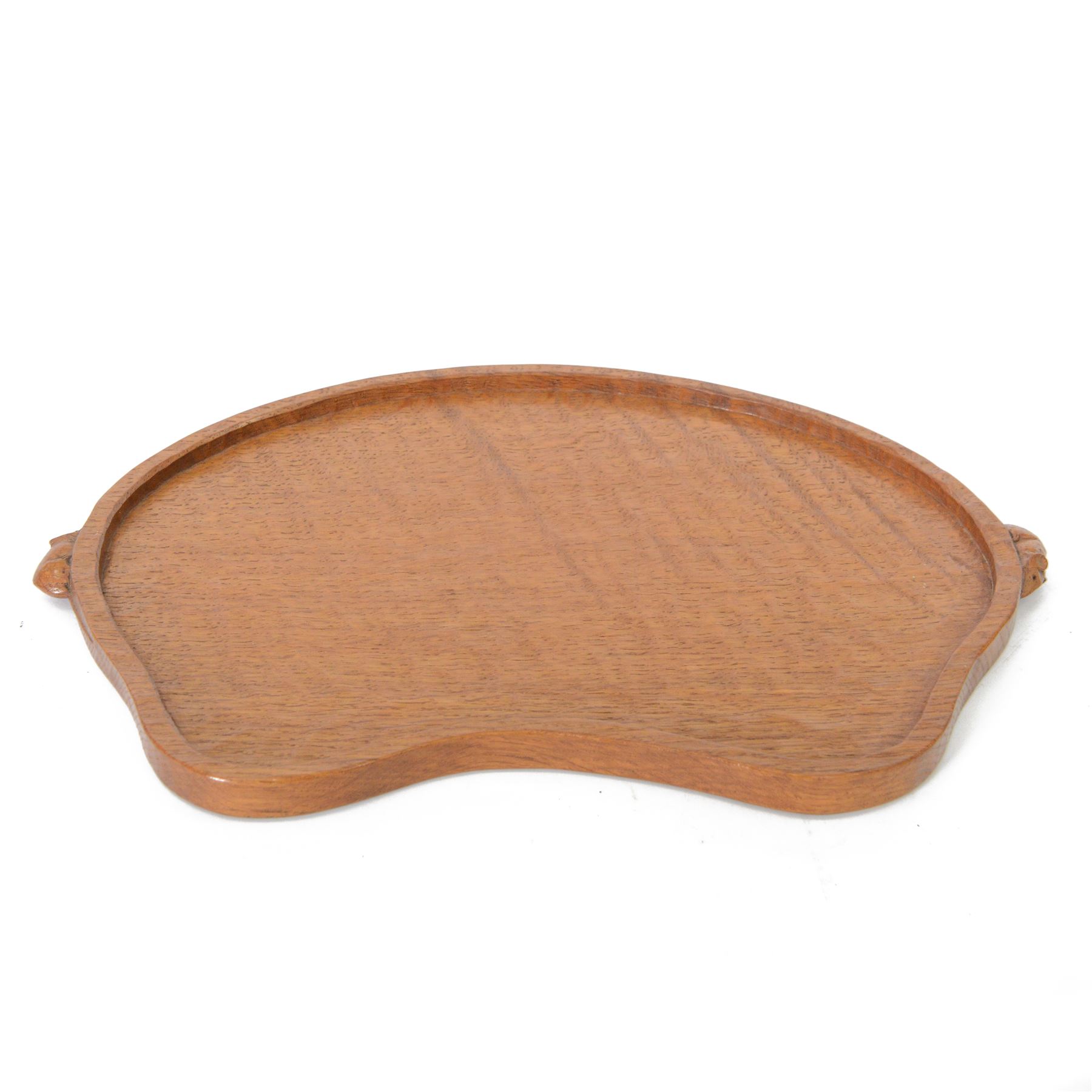 Mouseman - adzed oak tea tray, of kidney form with two carved mouse signatures forming the handles, by the workshop of Robert Thompson, Kilburn, W47.5cm
