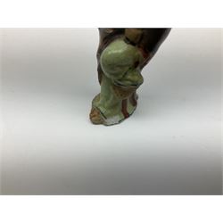 Japanese parquetry puzzle box L12cm; another Japanese puzzle box with marquetry top of Mount Fuji; eleven graduated Chinese figures including immortals; and Chinese figure of a lady standing on a hardwood base next to a horn table (14)