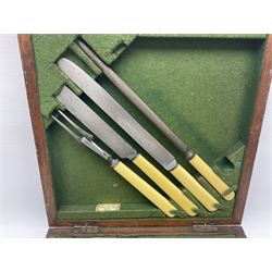 Walker and Hall silver plated canteen of cutlery, oak case, the hinged lid with a engraved brass shield , H12cm, L32cm