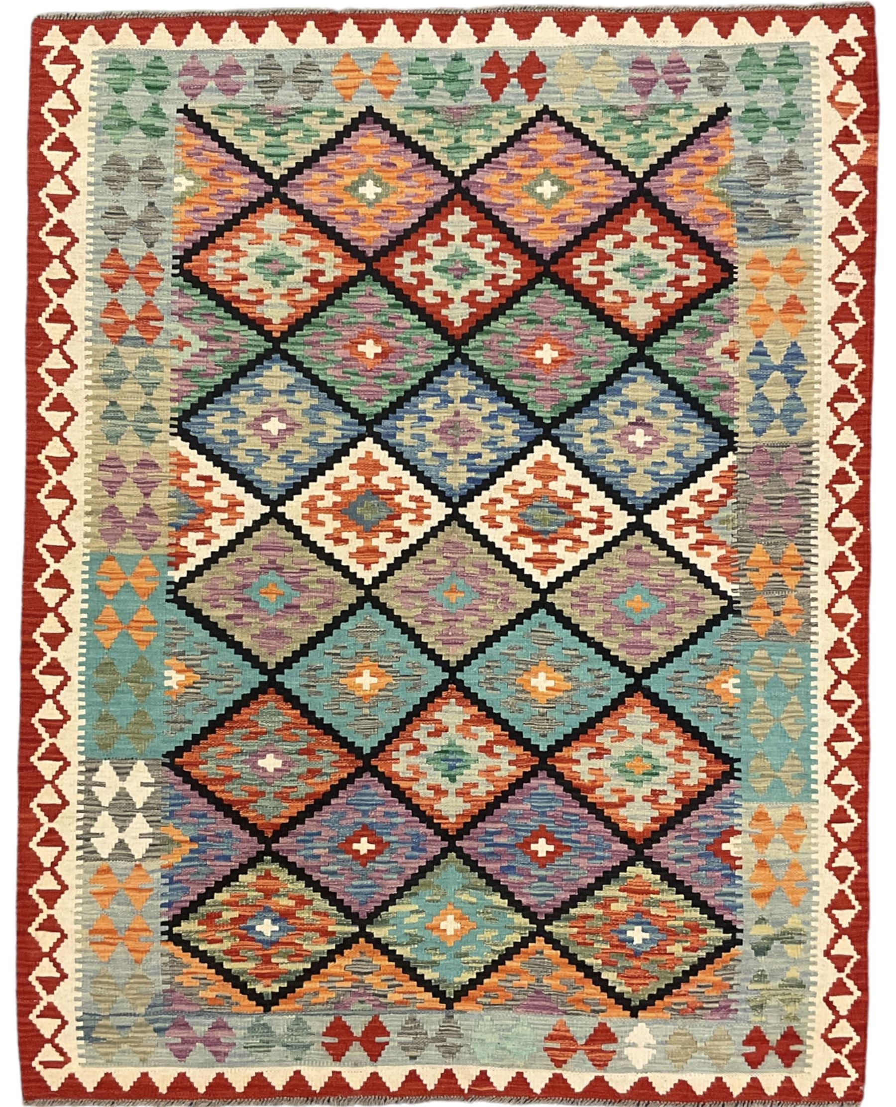 Anatolian Turkish Kilim multi-colour rug, decorated with all over lozenges in contrasting colours with dark indigo outline, the multi-band ivory and red border with repeating geometric shapes and small lozenges or diamonds