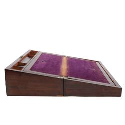 Rosewood writing slope, with brass inlaid decoration, the lid opening to reveal a purple writing slope, H17cm, L51cm