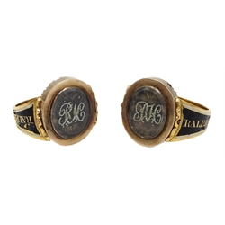 Pair of George III ladies and gentleman's gold swivel mourning rings, one side depicting black and white enamelled classical urns with surround of split pearls, the other with hair and initials 'RH' in seed pearls, the shanks inscribed 'Ralph Hardwick OB 1 Aug 1813 AET 26'  

[image code: 3mc]
