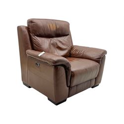 DFS - 'Liaison' reclining armchair upholstered in brown leather, upholstered in tan leather with stitched panel backrest and generously cushioned seat and arms, operated by wired remote, raised on block feet