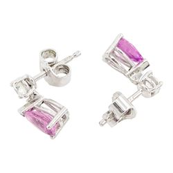 Pair of 18ct white gold pear cut pink sapphire and round brilliant cut diamond pendant stud earrings, London 2004, total sapphire weight approx 1.40 carat, total diamond weight approx 0.40 carat
