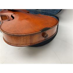 Late 19th/early 20th century French Mirecourt violin for completion with 36cm two-piece maple back and ribs and spruce top, bears label 'Medio Fino', L59cm, in carrying case