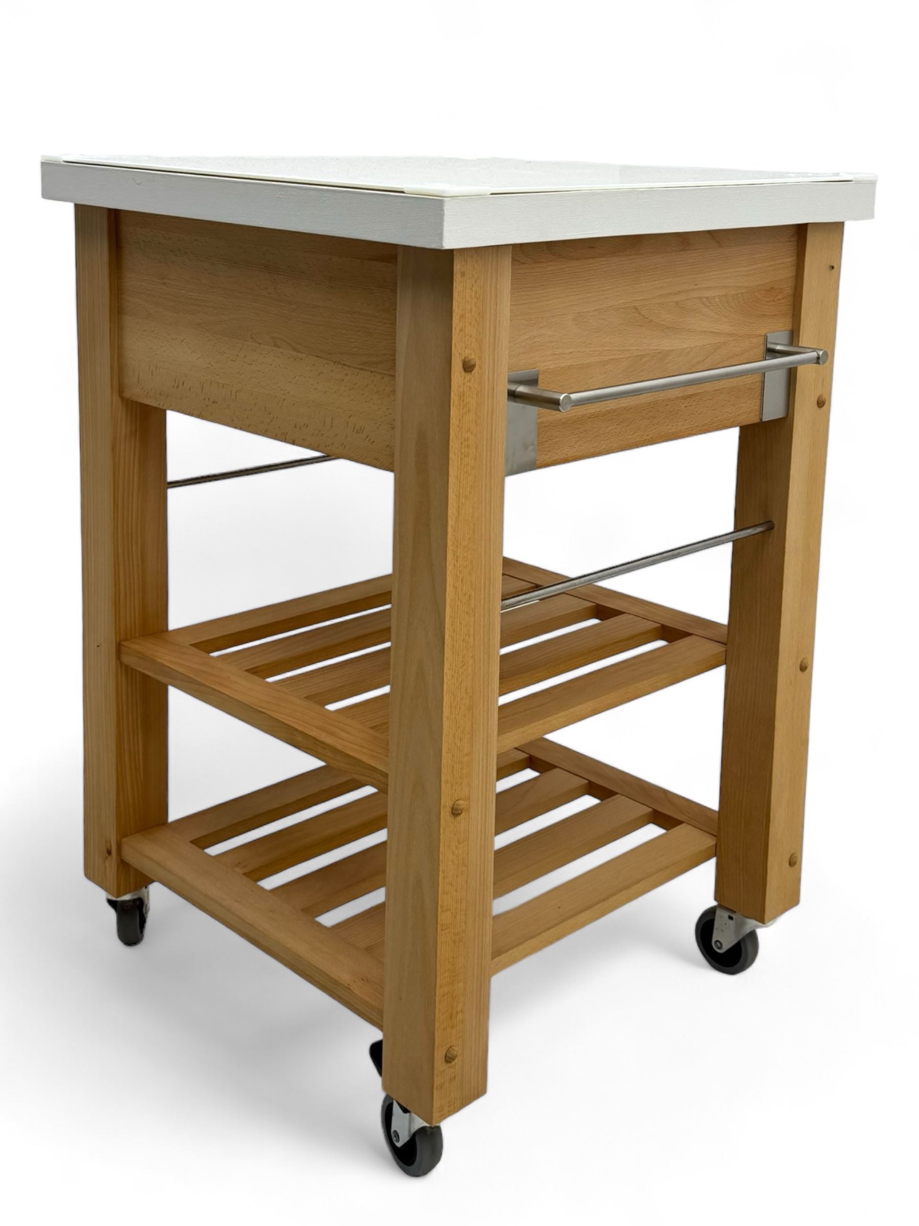 Contemporary butchers block kitchen trolley, white square top over beech frame, single pull-out drawer, dual slatted shelves, chrome towel rails, raised on square supports with castors
