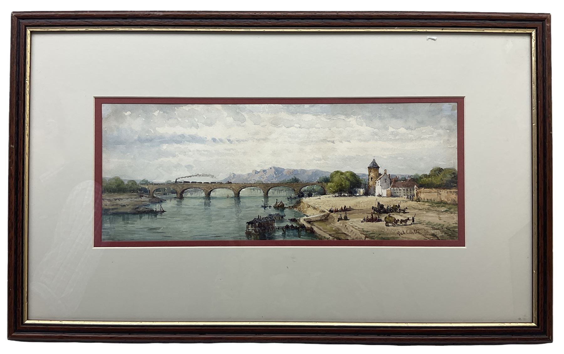 Gabriele Carelli (Italian c.1820-1900): Unloading on the River Quay with a Steam Train crossing the Viaduct in the Distance, watercolour signed 13cm x 35cm