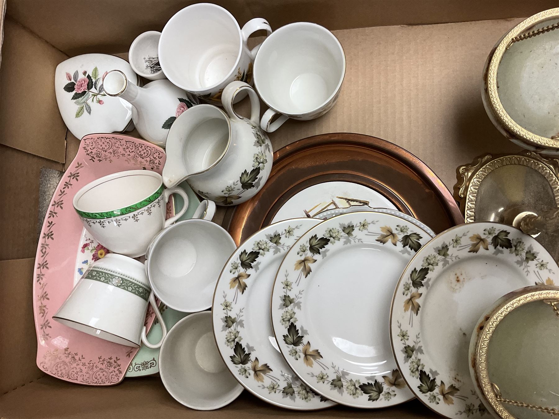 Four Friedel Bavaria figures, together with Royal Doulton Larchmont tea and dinner wares etc, in three boxes  