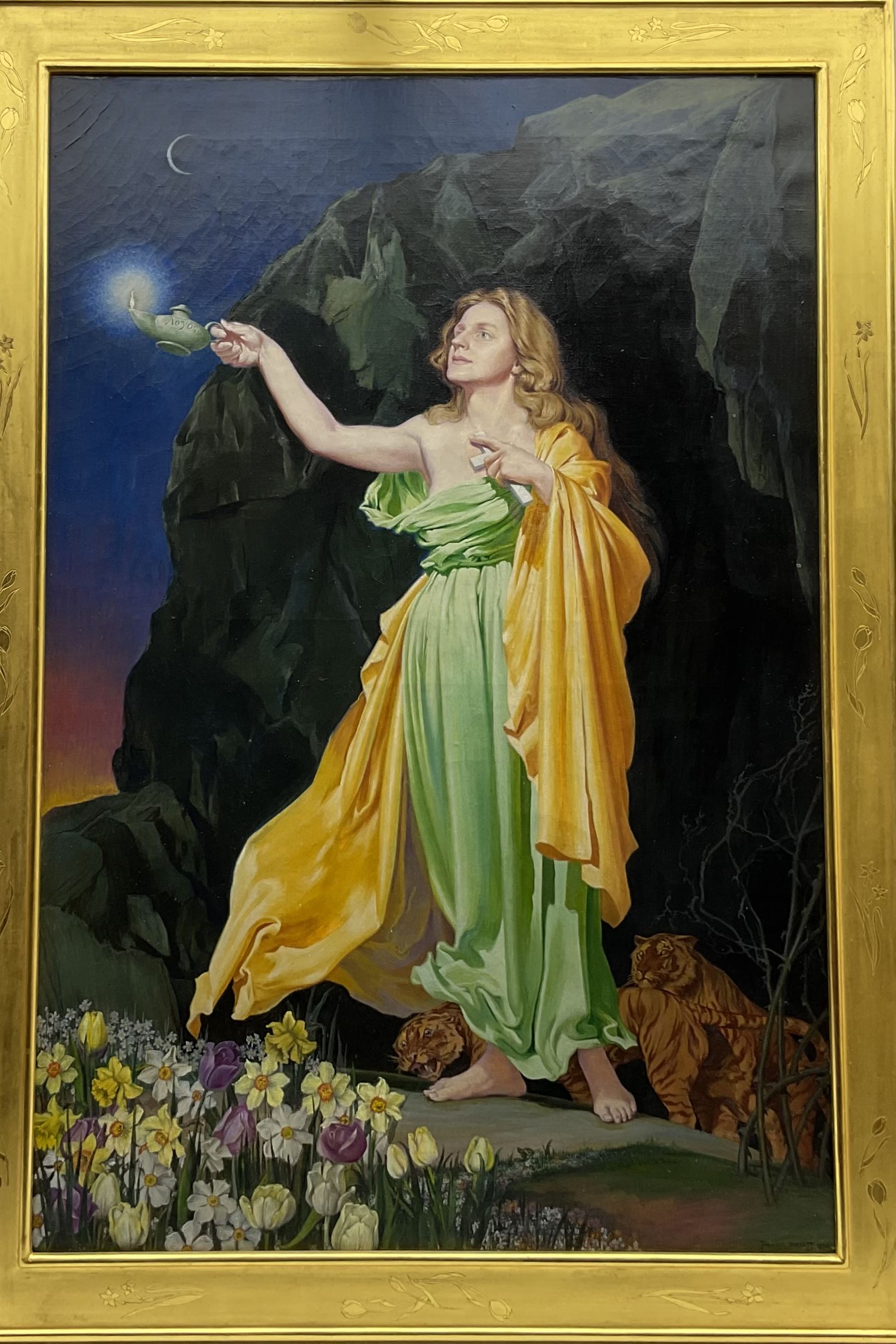 Thomas Francis Barrett AMC FRSA (British 20th century): 'Faith', oil on canvas signed and dated 1966, titled verso with artist's addresses 106cm x 71cm in Pre-Raphaelite style hand-tooled gilt gesso frame
Provenance: Royal Academy Exhibition 1968, label verso 