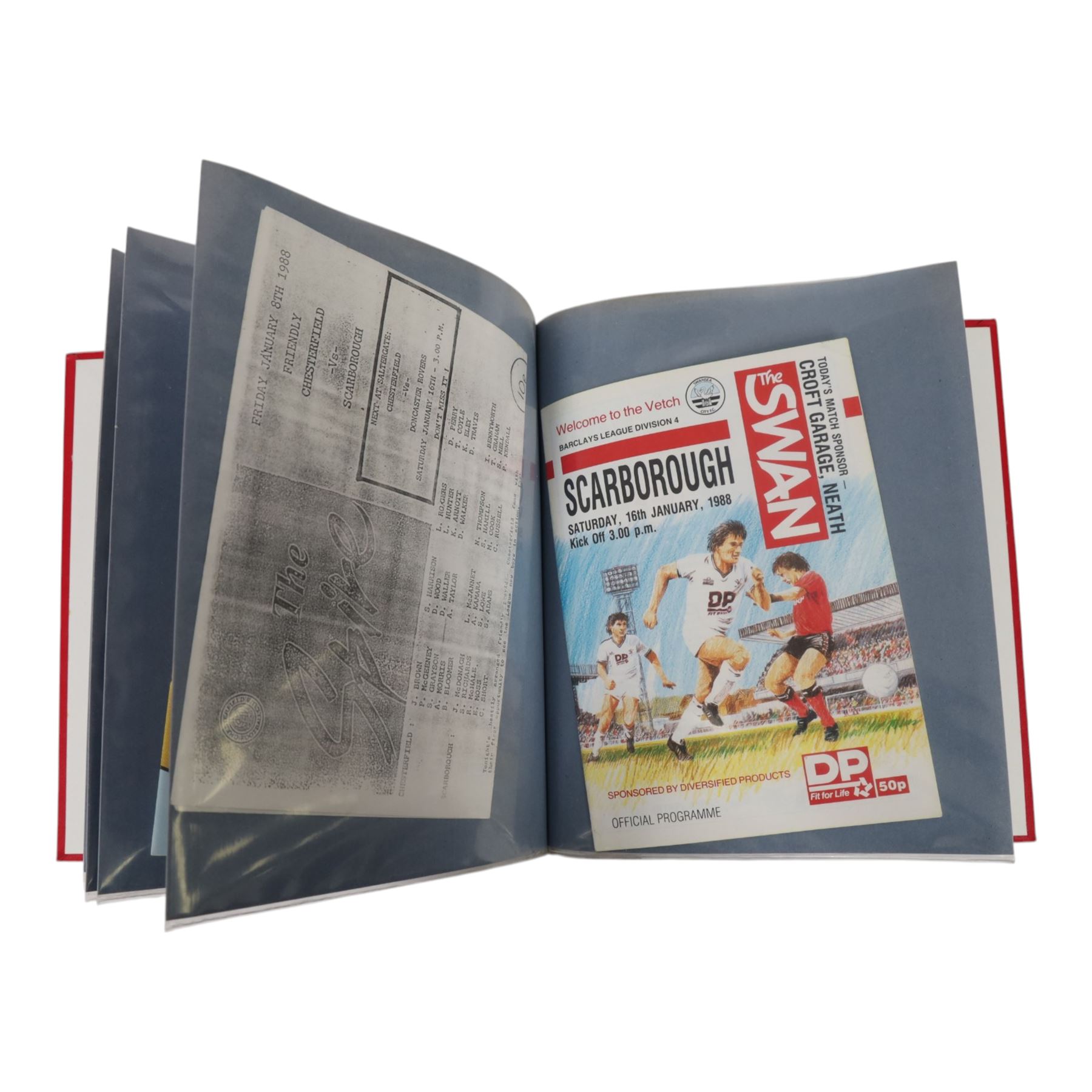Comprehensive collection of approximately one-hundred and ninety Scarborough FC football programmes for the 1987/88, 1988/89 and 1990/91 seasons, all filed within six dedicated Scarborough FC red Home and Away binders 