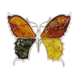 Silver tri-colour Baltic amber butterfly brooch, stamped 925 
