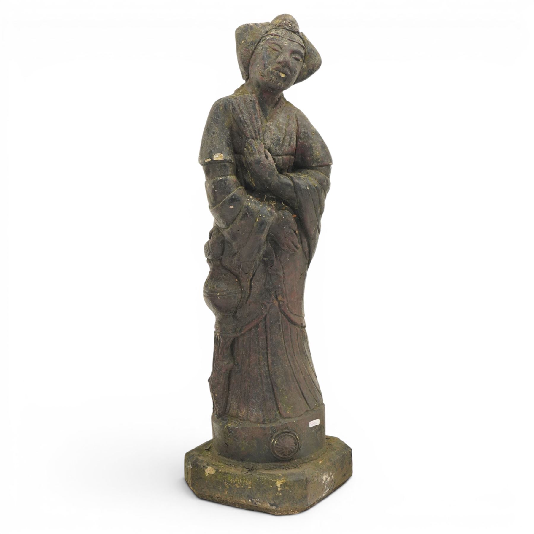 Set of four Chinese style composition figures, depicting robed attendants and elders, including examples with fan and fish, raised on moulded bases, tallest 98cm