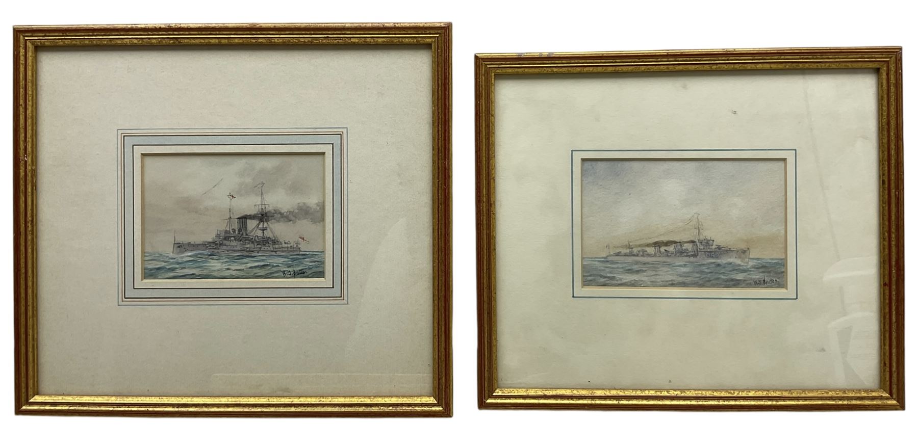 W J Sutton (British 19th/20th Century): 'HMS - Ocean, Colossus, Barfleur, Rosalind, Bulwark', set of five watercolours signed, two titled on mount the others inscribed verso 8cm x 12cm (5)