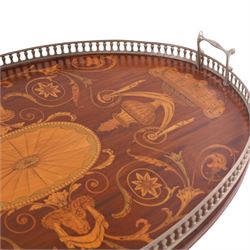 19th century inlaid mahogany tray, decorated with rams heads and floral sprigs, with priced metal boarder, L68cm 
