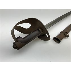 Italian 1871 pattern Cavalry Trooper's sword with unmarked 90cm slightly curved pipe-back blade, pierced steel bowl hilt, wooden grip carved with various numbers and chequered backstrap, in steel scabbard with single suspension ring L111cm overall