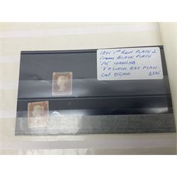 Mostly Great British Queen Victoria stamps, including penny black with black MX cancel, 1840 two pence blue with black cancel, imperf penny reds singles and pairs, perf penny reds stars and plates, various postmarks or cancels, penny reds on pieces or covers, halfpenny 'bantams', other QV issues with some higher values etc, housed in a blue stockbook