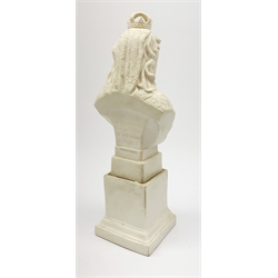 A Robinson and Leadbeater Parian Ware bust, modelled as Queen Victoria, raised upon plinth base detailed in gilt Victoria 1837-1897, and impressed verso Victoria, To Commemorate the 60 year of her reign 1887-1897, with impressed makers mark, H30cm. 