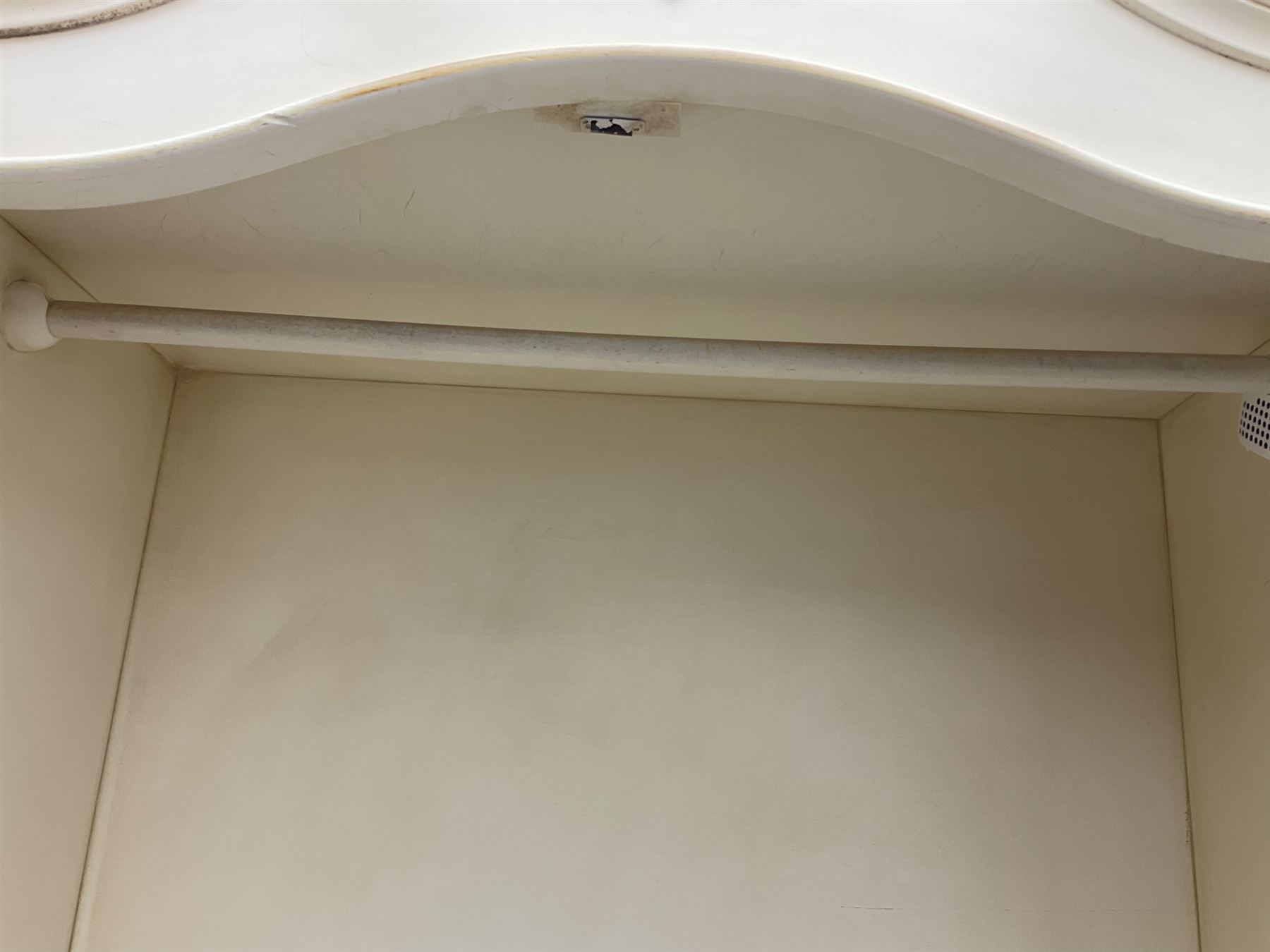 French design cream painted armoire wardrobe, shaped top with shell and flower head pediment, enclosed by two mirror glazed doors, the base fitted with single drawer