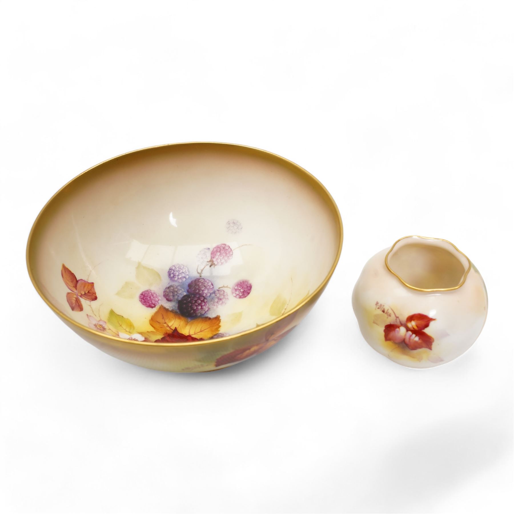 Royal Worcester porcelain vase c1931, hand painted with autumnal fruit and berries by Kitty Blake, signed, shape no. G161, H7cm, together with a similarly decorated hand painted bowl, also by Blake, c1936, D18cm (2)