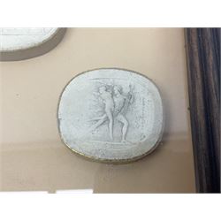 Set of six 19th century Grand Tour plaster intaglios, each depicting classical figures, frame H25cm, W19cm