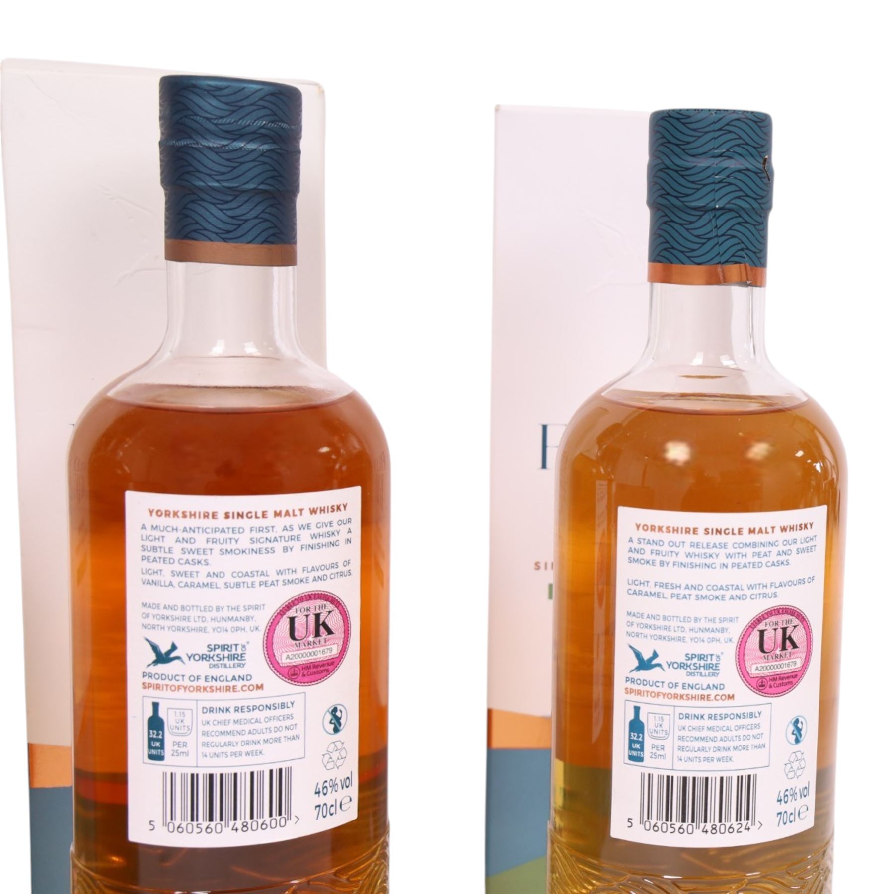 Sprit of Yorkshire Distillery, Filey Bay Peated Finish, single malt whisky, 70cl 46% vol, three bottles batch one, two and three