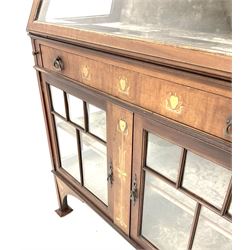 Art Nouveau inlaid mahogany bijouterie display cabinet, projecting cornice, bevel edge astragal glazed doors, lined interior, single fall front unit above single drawer, stile supports 