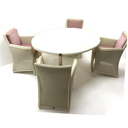 LLoyd loom oval dinning table, painted ivory finish (W144cm, H77cm, D122cm) and set four matching chairs, upholstered back and seat (W64cm)  