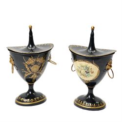 Pair of Regency style toleware lidded urns, with floral panels on a cream ground, and furt...