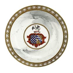 Early 19th century Barr, Flight and Barr Worcester plate, the centre painted with the Warren impaling Mangles coat of arms, within a grey marble effect surround and gilt border to edge, with impressed and painted marks beneath, D23.5cm

