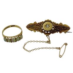 Early 20th century 18ct gold five stone opal ring, Birmingham 1919 and a Victorian gold brooch set with a single diamond, stamped 15ct