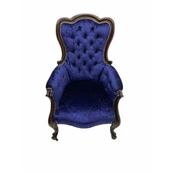 Victorian style mahogany framed armchair, upholstered in blue crushed velvet studded fabric
