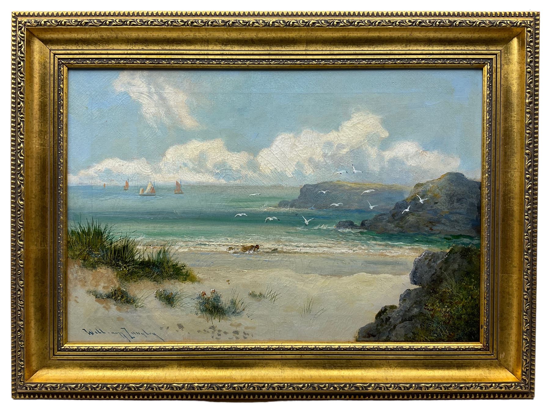 William Langley (British 1852-1922): Coastal Landscape with Seagulls, oil on canvas signed 39cm x 59cm