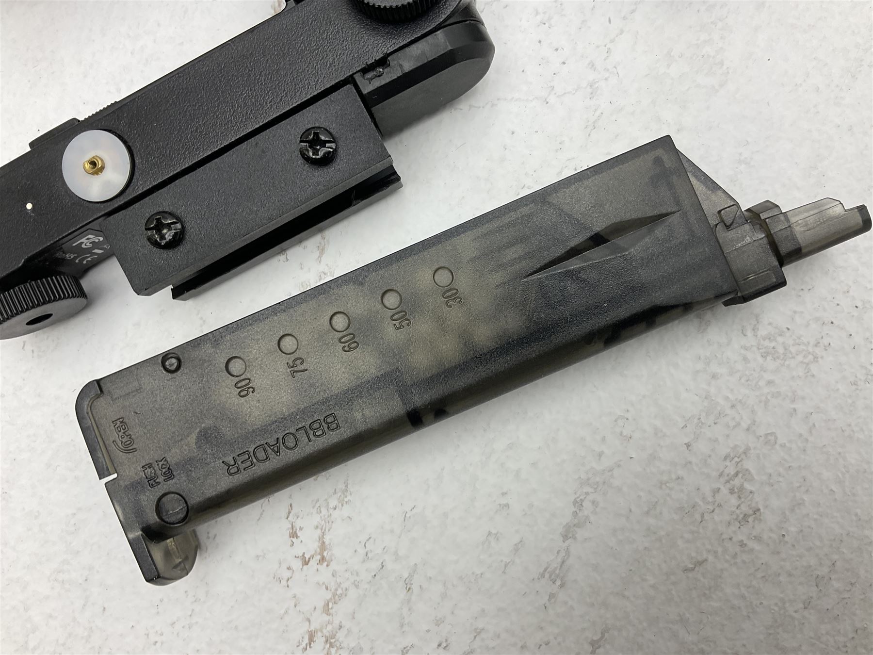 Combat Machine lithium battery powered airsoft BB rifle, 'Complete AEG Series' to fire 5mm pellets, with adjustable length stock L69cm non-extended; with six magazines, Trijicon ACOG red dot telescopic sight, battery charger etc (NO BATTERIES)