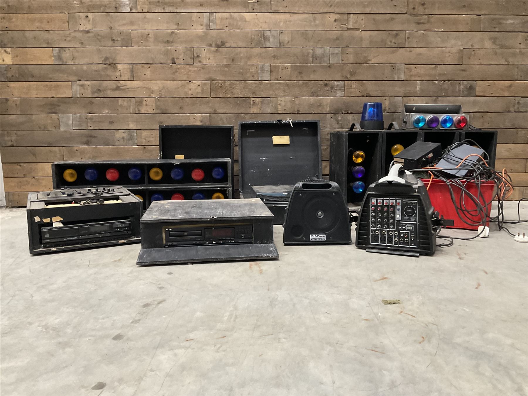 Collection of vintage disco equipment, to include Sony separates, cabinet lights, mixers, turntable etc