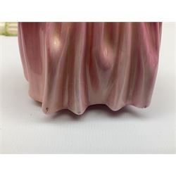 Group of figures, comprising six Royal Doulton examples, Daydreams HN1731, Silks and Ribbons HN2017, Tom Sawyer HN2926, Marie HN1370, Bo-Peep HN1811, and Tinkle Bell HN1677, together with a Dresden type 'lace' example, and a Coalport 'Swiss Cottage', (8)