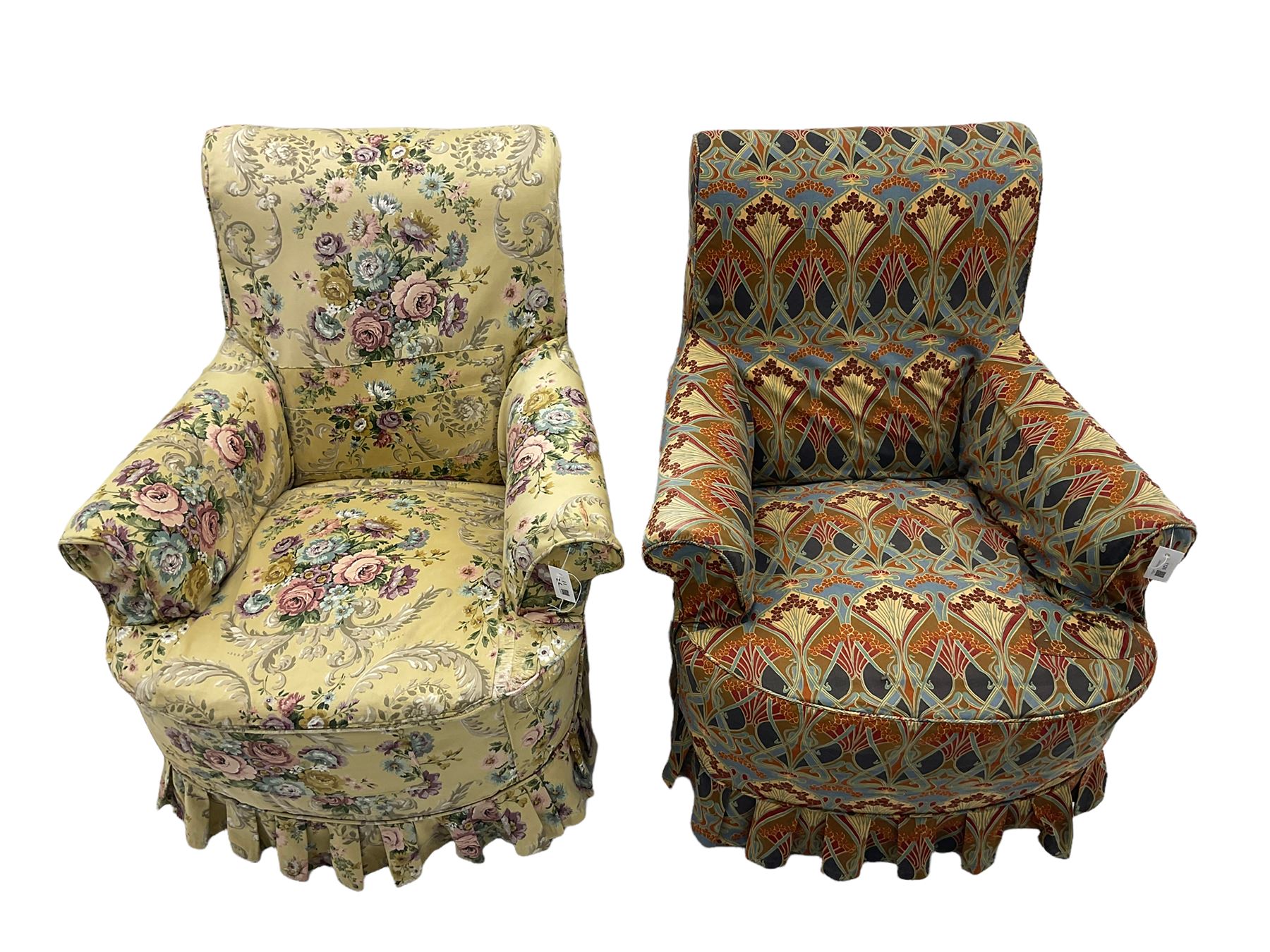 Pair Victorian armchairs, upholstered in loose covers, on turned front