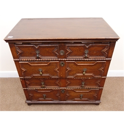  William and Mary style oak two section chest, lift top with dummy drawer front above three graduating drawers with moulded panel front, bracket supports, W96cm, H97cm, D94cm  