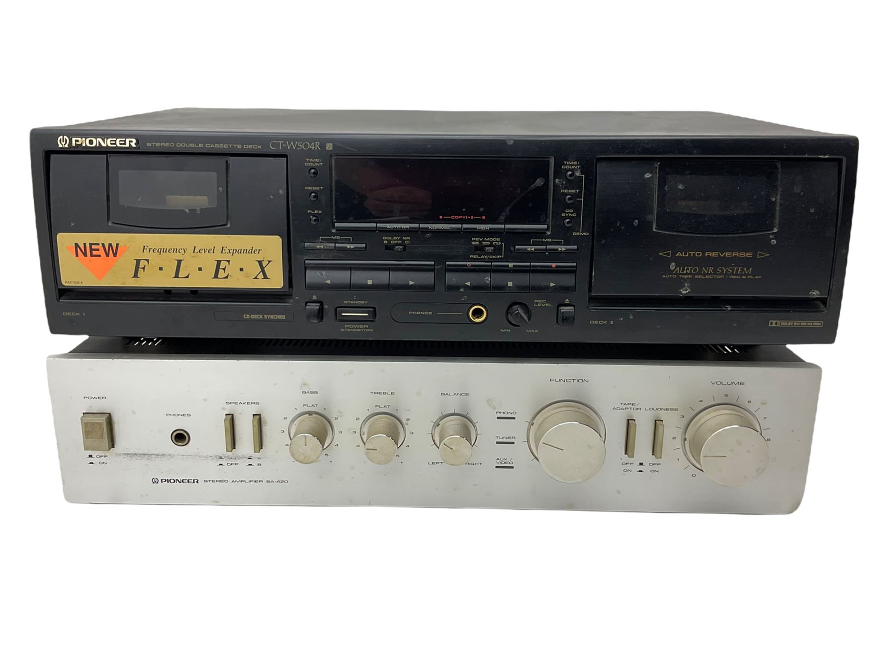 Rotel record player with pioneer amps and cassette deck with a pair of Wharfdale speakers