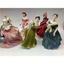 A group of eight Royal Doulton figures, comprising Simone HN2378, Amy HN3854, Fragrance HN2334, Louise HN3207, Adrienne H2304, Michele HN2234, Fine Lady HN2193, Winsome HN2220 and a Coalport figure, Polly. 