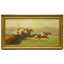 Eugène Péchaubès (French 1890-1967): 'Last fence at Auteuil' Paris, oil on canvas signed 39cm x 79cm
Provenance: purchased from Kensington Fine Art