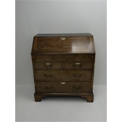 Georgian mahogany bureau, fall front, enclosing fitted interior, green baise and well, two short and two long cock beaded drawers, ogee supports  
