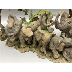 Seven Tuskers elephant figure groups, to include limited edition Stop! Mice Crossing 3479/4000 and Hide n' Squeak 77/4000, Love is... Sharing, Always a Safe Haven, Together Always etc, tallest H24cm