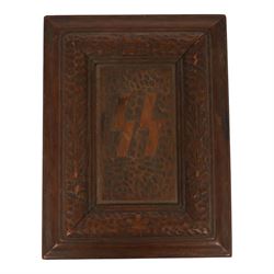 German Third Reich SS oak Mein Kampf presentation box, the lid carved with a raised oakleaf border and recessed centre bearing SS Sigrunen, H7cm