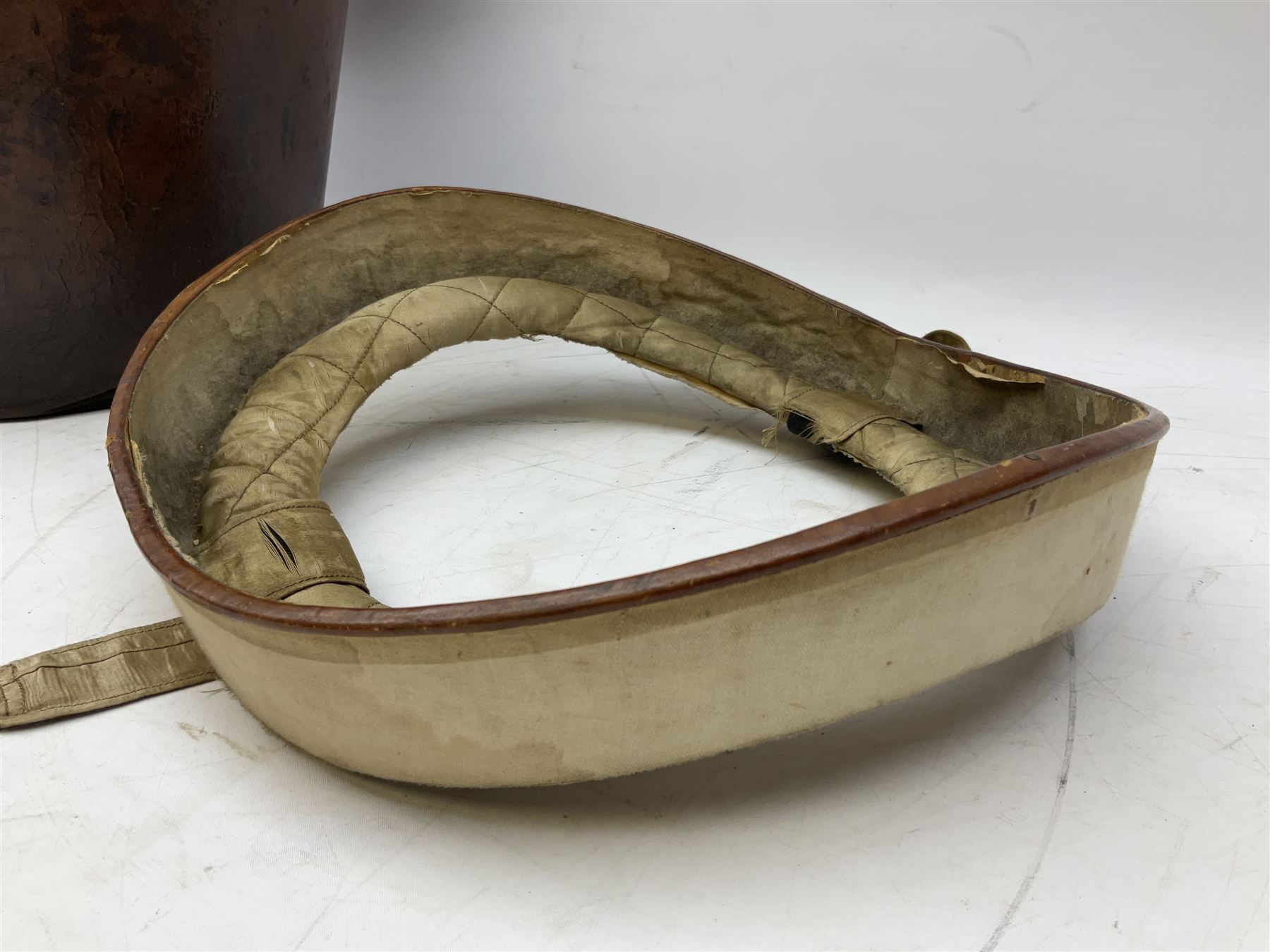 Early 20th century black silk top hat by Woodrow of Manchester and London, with manufacturer's stamp to the silk lined interior, housed in fitted tan leather hat box with removable internal compartments with straps, brass escutcheon and engraved plaque, hat internal measurements approx 20cm x 15cm