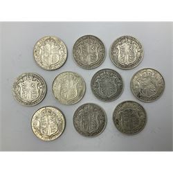 Ten King George V 1914 silver half crown coins